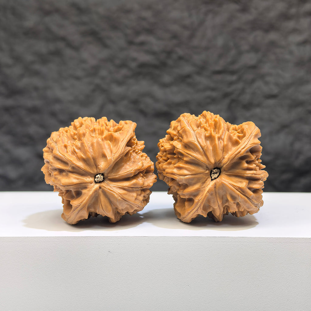 Pair of Wenwan Walnuts from Wenwan Art, classic Millstone design, 38mm x 37mm, featuring detailed carved textures and natural walnut color.
