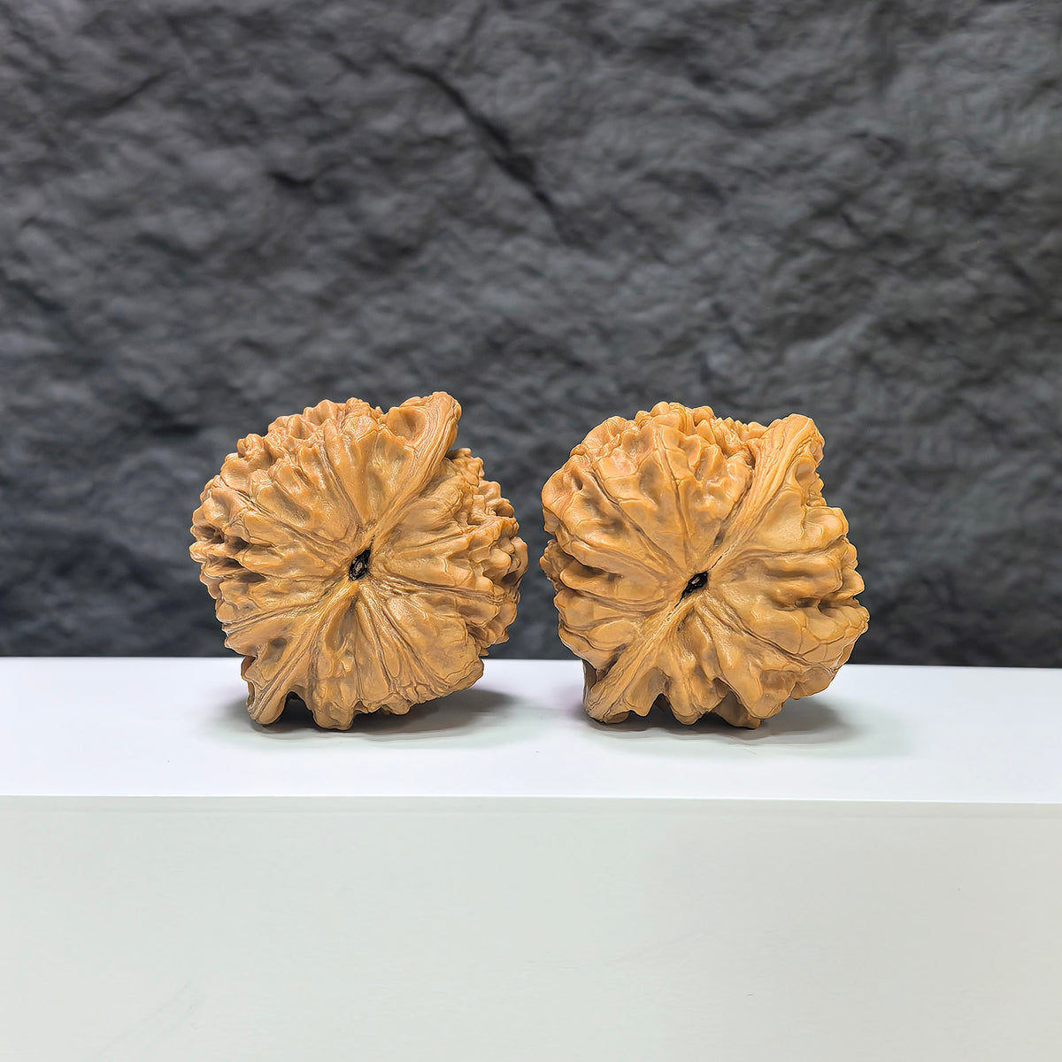 Large Wenwan Art official hat-shaped walnut pair, 47mm x 42mm, showcasing smooth, polished walnut surfaces and detailed carving.