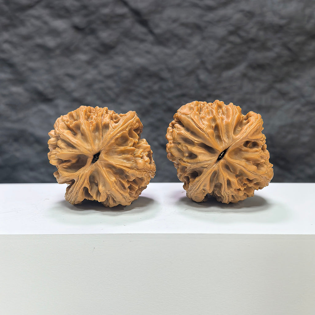 Pair of Dazhan Stone Wenwan walnuts by Wenwan Art, 41mm x 42mm, showcasing natural stone texture and craftsmanship.