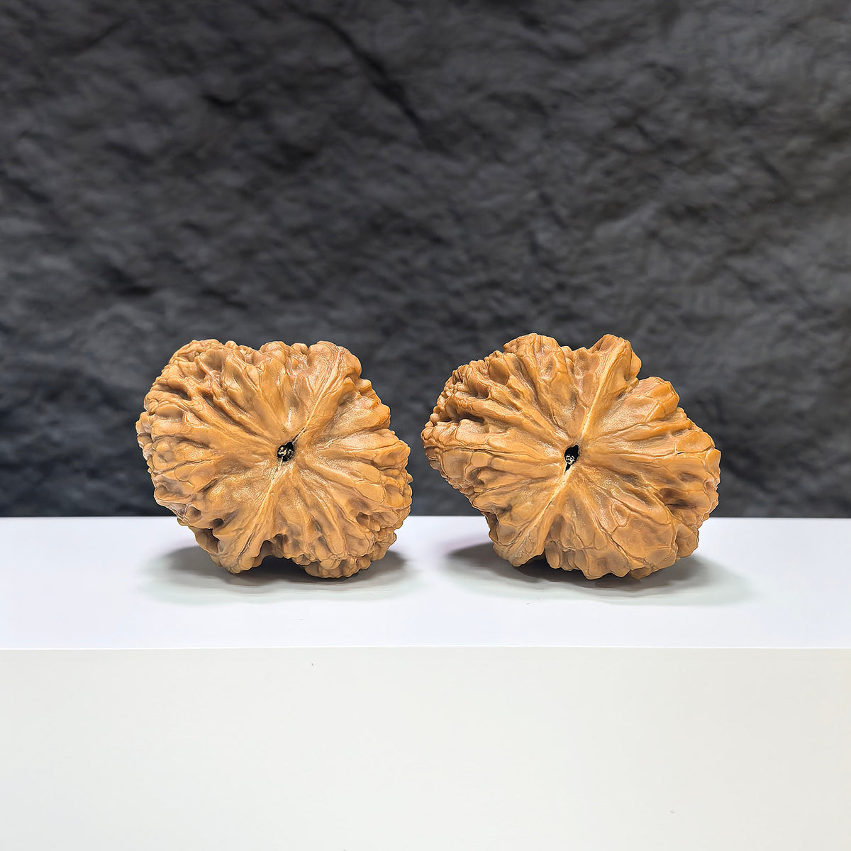 Pair of Wenwan Art Rolling Donkey Wenwan walnuts, 40mm x 40mm, showcasing detailed carved designs on smooth walnut surfaces.