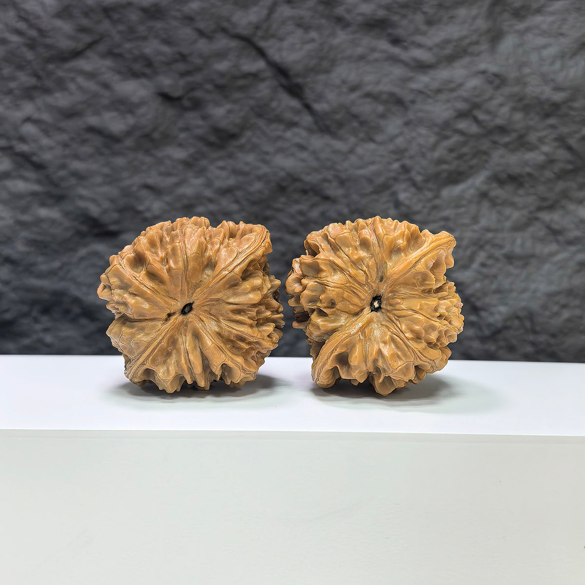 Official Wenwan Art hat-shaped walnut pair, classic Wenwan walnuts with detailed natural wood grain, 44mm x 42mm size.