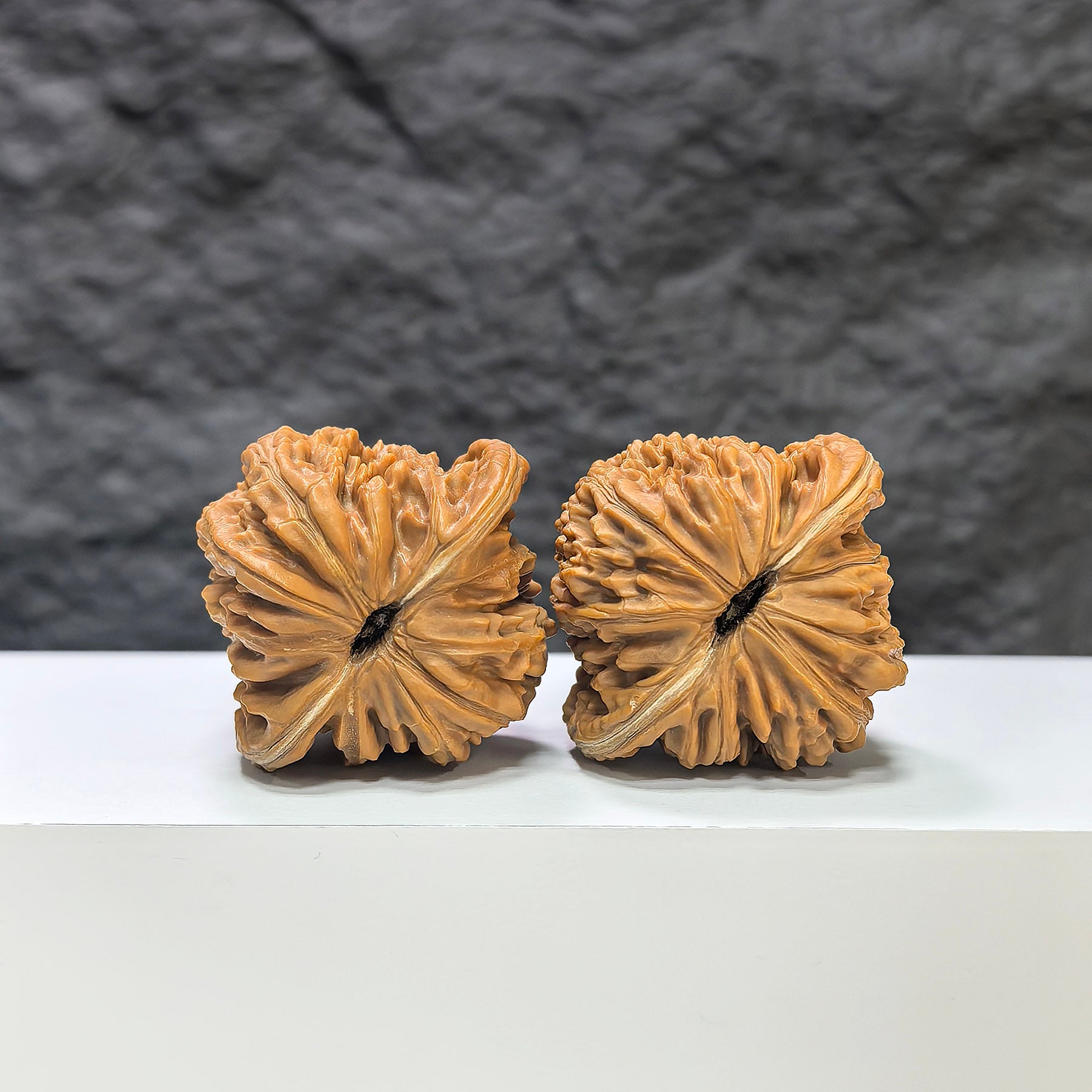 Pair of Sizuolou Wenwan walnuts by Wenwan Art, 41mm x 38mm, featuring intricate carvings and natural walnut wood textures.