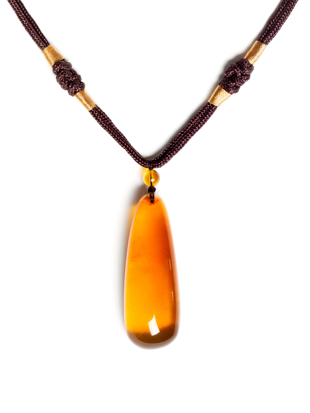 Brownish-red freeform amber pendant with natural Myanmar amber, showcasing irregular shape and warm, rich tones.