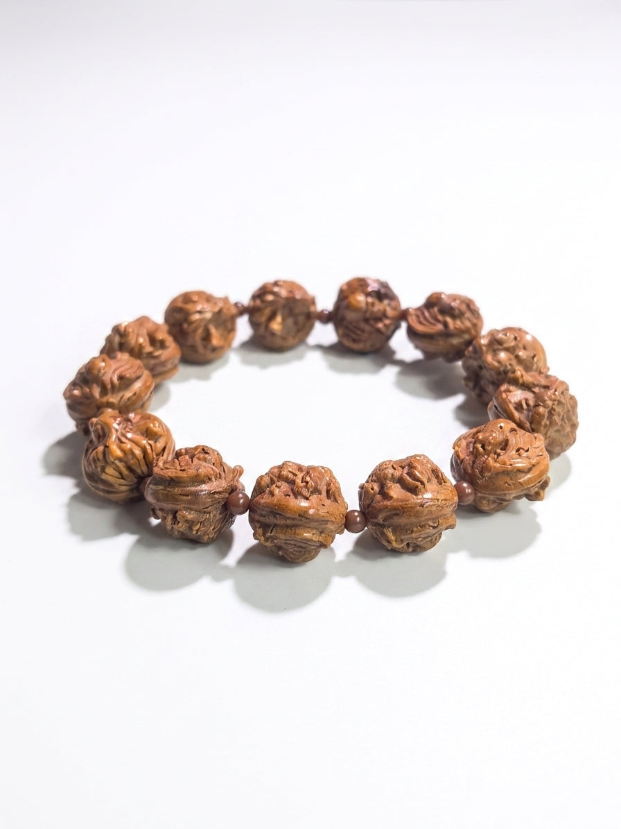 Hand-carved walnut bracelet with goldfish and bat motifs, 16mm beads, from ZenWenwan, symbolizing abundance and blessings