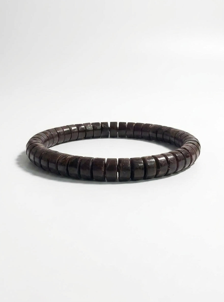 Natural coconut shell straight-cut tablet bracelet, 7mm ZenWenwan bracelet featuring smooth coconut shell beads on an elastic band.