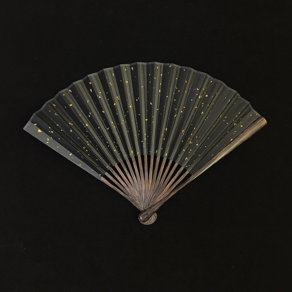 [Master Yu Sihai] Handcrafted Vietnam Black Palm Wood Fan w/ Black Gold-Flecked Paper - "Beauty Shoulder" Large Eggplant Head (9.5 Inch / 18 Ribs) | 余四海手作 越南黑棕 美人肩大茄頭 9.5寸18方2.0（黑灑金扇面）