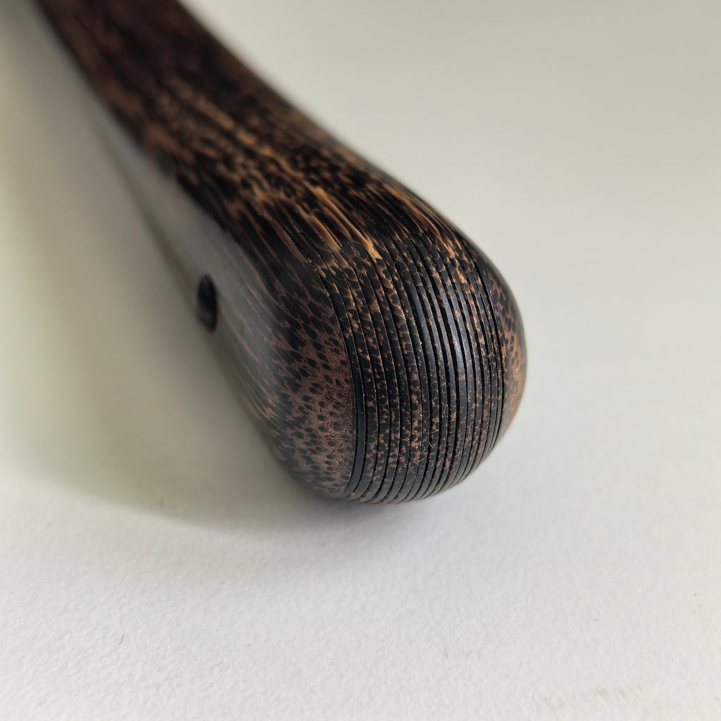 [Master Yu Sihai] Handcrafted Vietnam Black Palm Wood Fan w/ Black Gold-Flecked Paper - "Beauty Shoulder" Large Eggplant Head (9.5 Inch / 18 Ribs) | 余四海手作 越南黑棕 美人肩大茄頭 9.5寸18方2.0（黑灑金扇面）