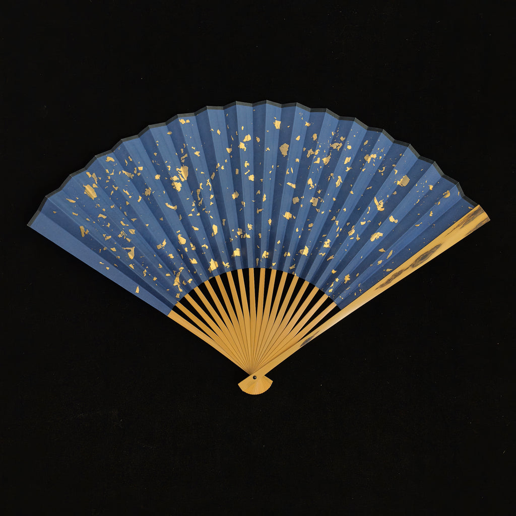 [Master Shen Changrong] Peeled Black Phoenix-Eye Bamboo Fan w/ Blue Gold-Flecked Paper - "Lantern Pole" Straight Square Head (9.5 Inch / 18 Ribs) | 沈昌榮手作 黑鳳眼（去皮）藍灑金扇面 無肩挑燈直方頭 9.5寸18方2.0