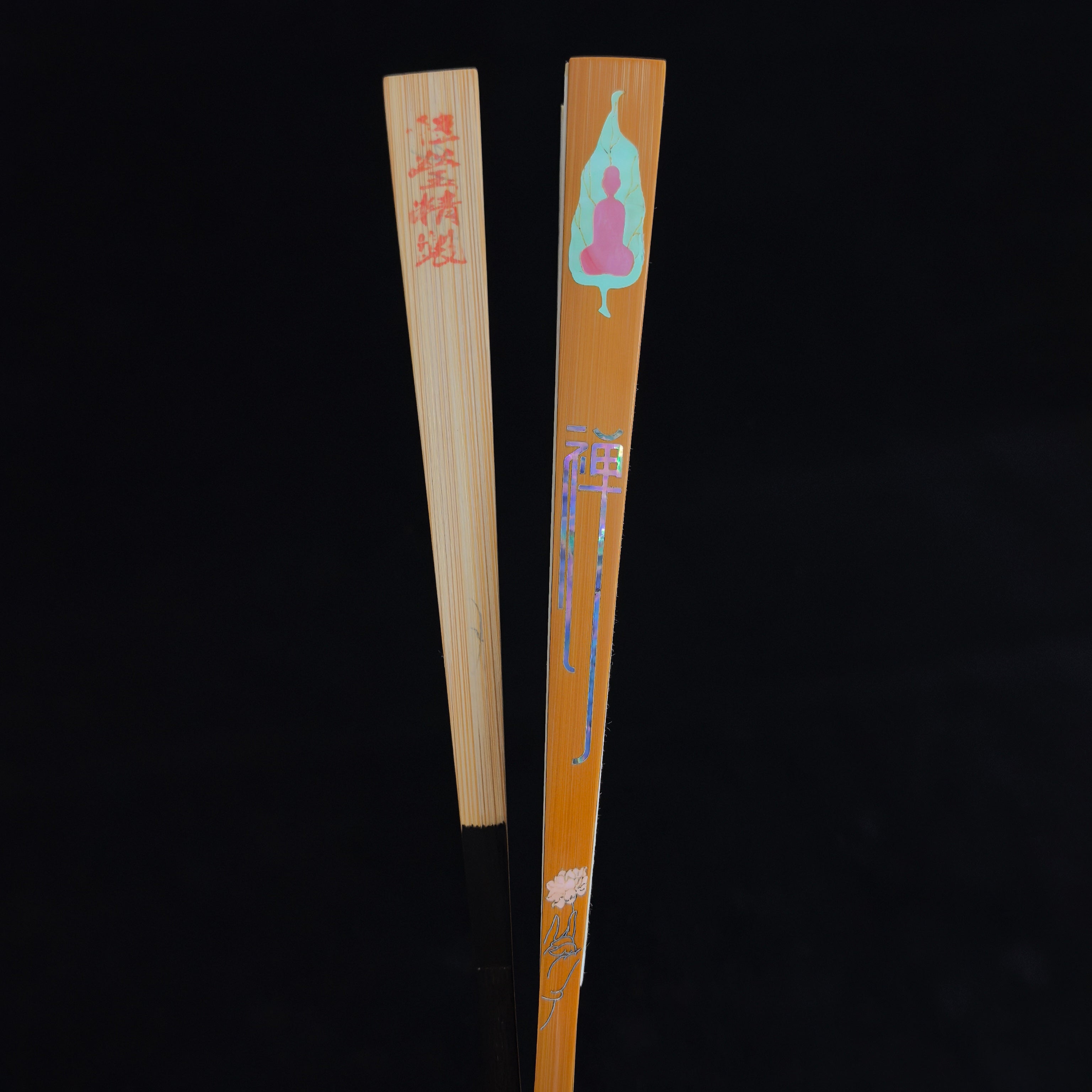 [Zen Collection | Master Cheng Yin] Mother-of-Pearl Nacre Inlay Jade Bamboo Fan - "Zen Buddha" Triple Ebony Straight Square (9.5 Inch / 16 Ribs) | 程茵手作 螺鈿彩貝鑲嵌「禪」字菩提佛影 玉竹三合青 挑灯直方頭 9.5寸16方2.0