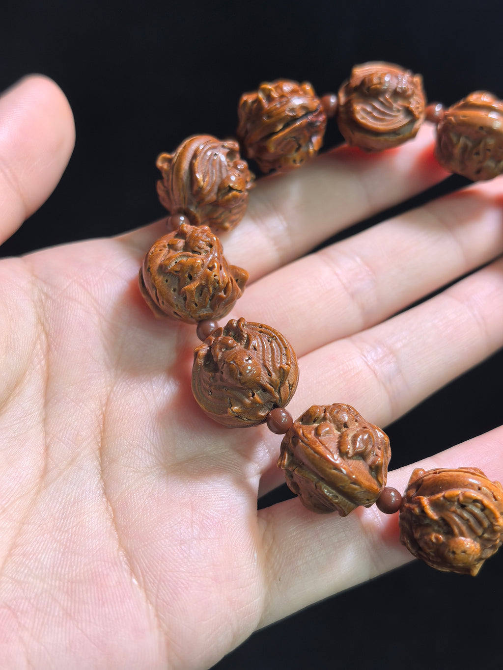 Hand-carved walnut bracelet featuring goldfish and bat motifs, 16mm beads, designed for abundance and blessing by ZenWenwan.